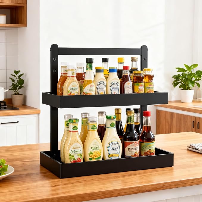 Bamboo Undersink Organizer Storage - 2-Tier Cabinet Shelf with Adjustable Levels, Under Sink Storage Slide Out for Cabinet Pantry Kitchen Bathroom (Black)