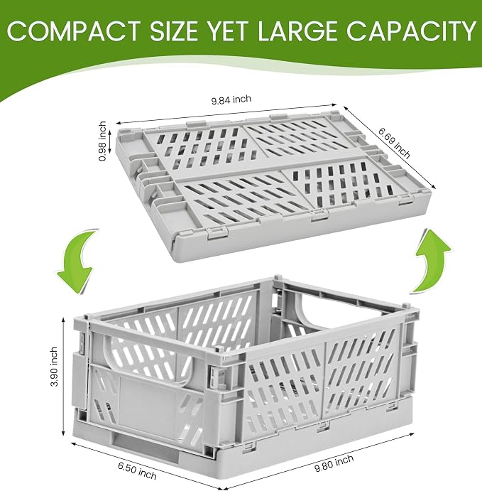 HUUSMOT 4-Pack Collapsible Plastic Storage Baskets, Grey, 9.8"x6.5"x3.8" | Pastel, Space-Saving, Collapsible Plastic Bins, Cute Mini Storage Crates, for Classroom, Kitchen, Office, Bedroom