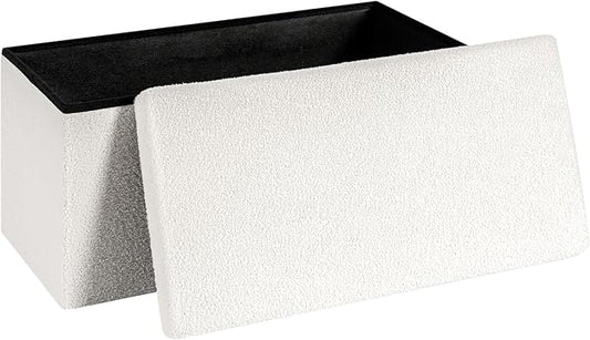 30 Inch Storage Ottoman Bench, Boucle Folding Ottoman Footstool, Rectangular Sherpa Footrest Storage Bench for Bedroom, Living Room, Entryway, Dorm, White