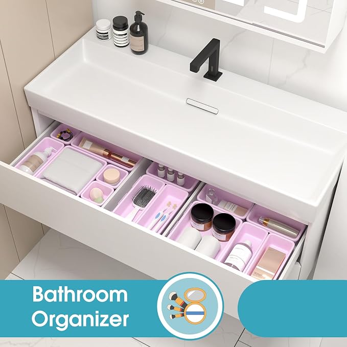 25 PCS Drawer Organizer Set, 4 Size Makeup Drawer Divider Organizer With Non-Slip Pads, Interlocking Plastic Storage Bins for Office,Jewelry Vanity,Gadgets, Bathroom,Kitchen, Purple