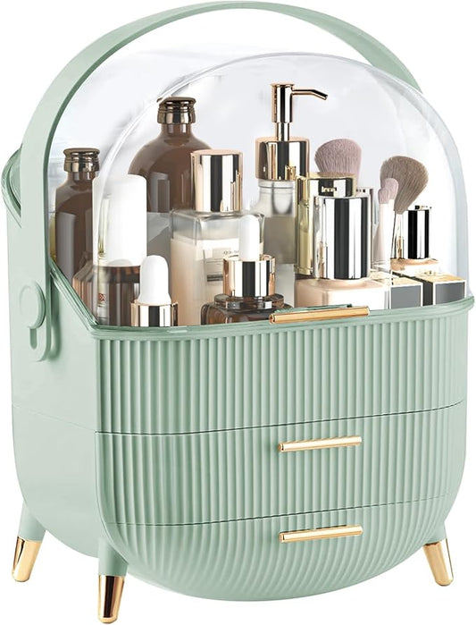 Makeup Organizer for Vanity, Large Capacity Skincare Organizer Countertop | Cosmetics Organizer with 2 Drawes, Cosmetic Display Cases Makeup Storage Box for Bedroom, Bathroom, Gifts for Women(Green)