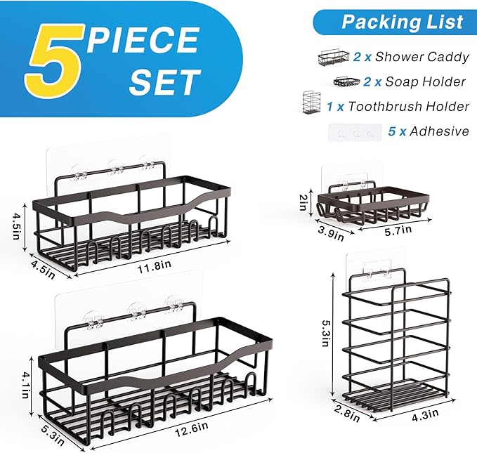 5-Pack Shower Caddy, No Drill Adhesive Shower Organizer, Rustproof Stainless Steel Bathroom Organizer, Space-Saving Bathroom Shelves for Apartment Essentials, Kitchen Storage Home Decorr-Larger