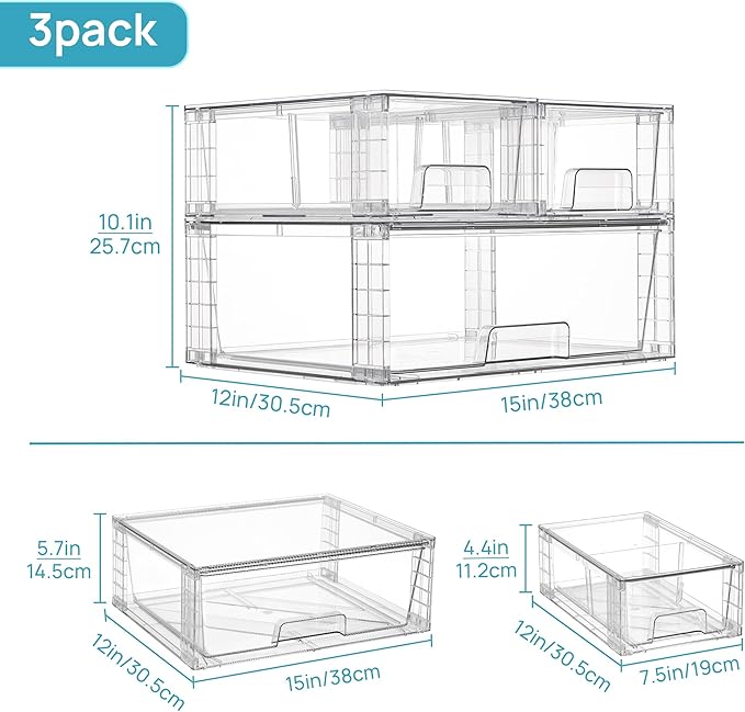 Vtopmart Clear Stackable Storage Drawers, 3 Pack Wide Organizer Set | Wide and Small Pull-Out PET Drawers with Stackable Design for Bathroom Organization, Cabinets, Closets, Pantry and Medicine