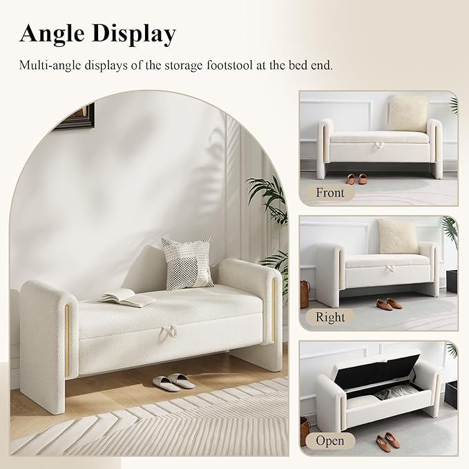 Storage Ottoman Bench, End of Bed Bench with Pull-Ring | 52" Teddy Upholstered, Window Bench with Armrest, Generous Storage, Safety Hinge, Holds 300 LBS, for Bedroom, Cream