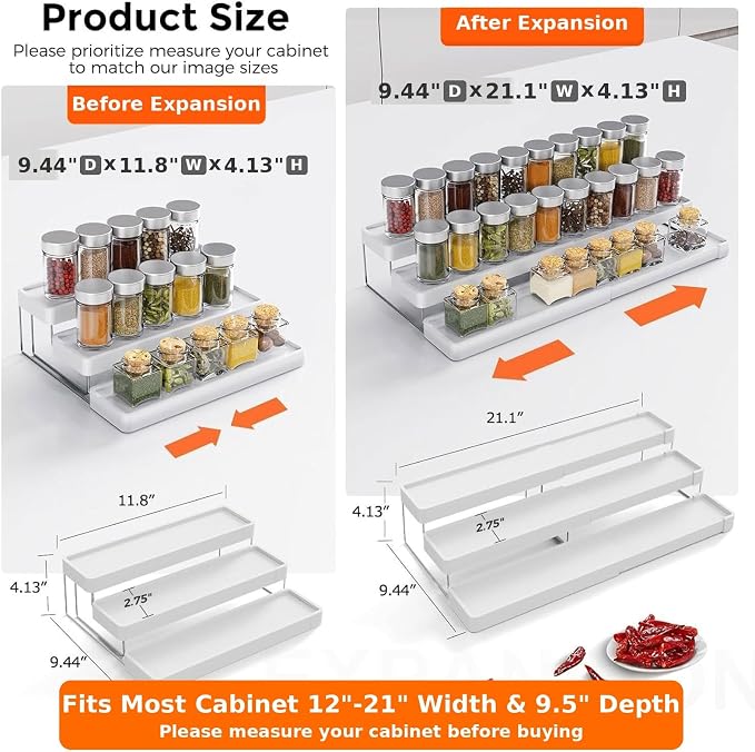 2 Pack Expandable Spice Rack Organizer for Cabinet - 3 Tier Adjustable Cabinet Spice Organizer Easy Visibility - Spice Organizer for Cabinet Countertop Cupboard Pantry Organization (White)