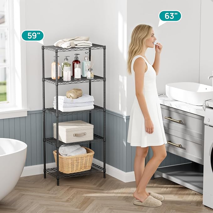 SINGAYE 5 Metal Shelves Wire Shelving Storage Shelf Adjustable Unit Pantry | 5 Tier Kitchen Laundry Room Organization Home Pantry Closet Bathroom Organizers Garage Rack 14" D x 24" W x 59.5" H Black