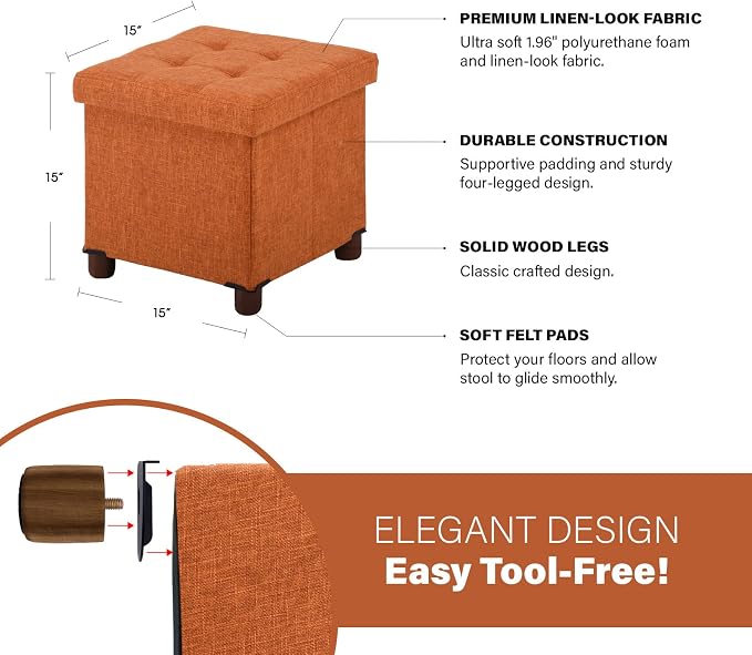 15 Inch Storage Ottoman with Wooden Legs - Cube Foot Rest Stool, Square Footstool, Comfortable Seat with Lid, Foldable Fabric Ottoman, Space-Saving Orange