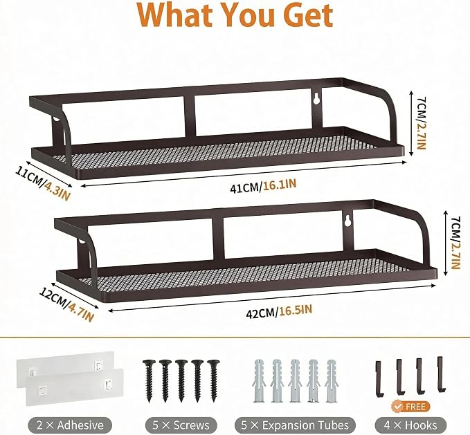 PUSDON 2-Pack 16.5" Extra Long Slim Hollowout Shower Caddy, Wall Mount Spice Rack & Bathroom Organizer, Mesh Bottom Cabinet Door Shelf Holds 50LBS - Vintage Bronze, Hollowout