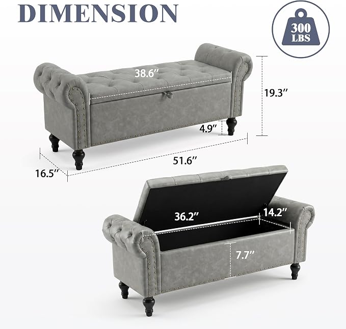 51" Storage Bench for Bedroom, Upholstered Ottoman Bench, Leather LightGray | End of Bed Bench for Bedroom, Window Benches for Living Room, Entryway, Ottoman with Large Storage Space, Pet Friendly