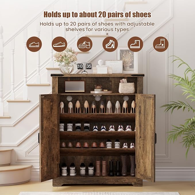 ALLSTAND 6-Tier Shoe Cabinet with Doors, Entryway Shoe Rack Wooden Shoe Storage Cabinet with Adjustable Shelves & Anti-tip Fitting, Farmhouse Shoe Cabinet Storage for Entryway, Living Room, Closet