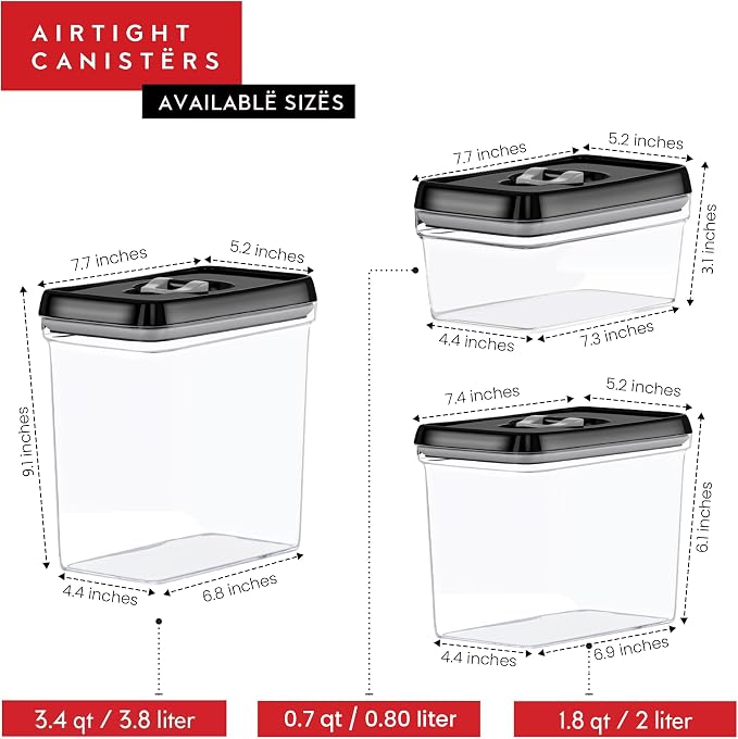 DWËLLZA KITCHEN Large Airtight Food Storage Containers - Clear Plastic Bulk Food Pantry & Kitchen Storage Containers for Flour, Sugar and Baking Supplies 4 Pcs. BPA-Free, Keeps Fresh & Dry (Black)
