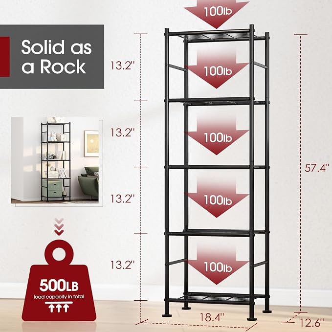 Sakugi Storage Shelves - 5 Tier Shelf Organizer, Heavy Duty Garage Shelving Unit with Leveling Feet, Stable Metal Shelves Organizer for Pantry, Kitchen and Closet, 18.4" W x 12.6" D x 57.4" H, Black