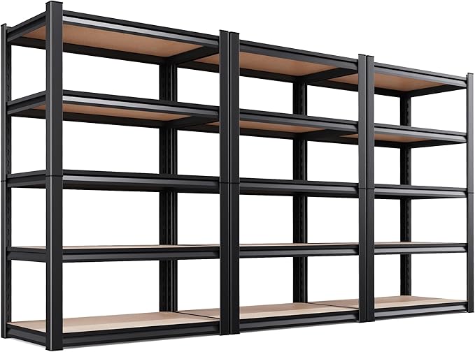 3-Pack Garage Shelving Unit, Heavy Duty Metal Storage Shelves, 71" H x 35" W Total Capacity, 5 Tier Adjustable Boltless Steel Rack, Freestanding Organizer for Warehouse, Pantry, Basement, Shop, Black