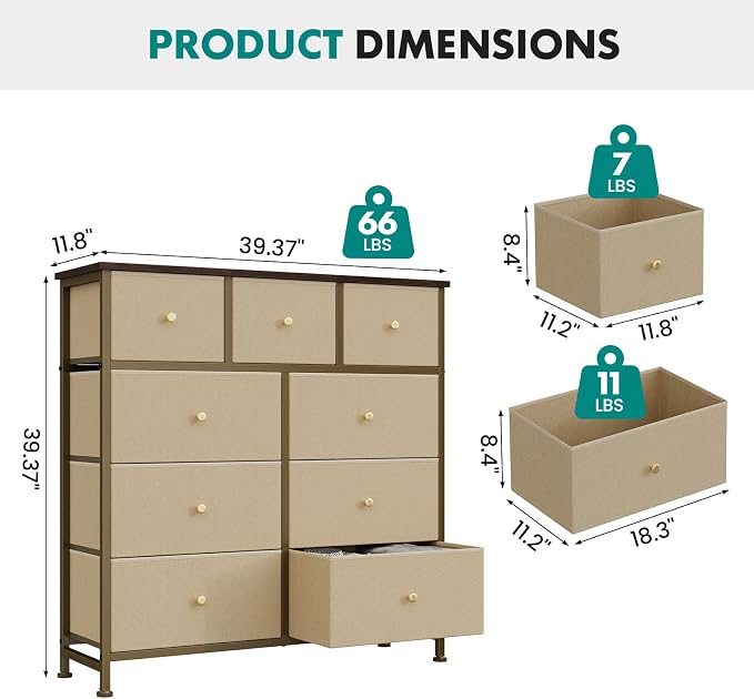 OLIXIS 9 Drawer Tall Dresser for Bedroom, Closet Organizers and Storage | Fabric Dresser with Wooden Top, Chest of Drawers for Clothes Storage, Tower Cabinet, Furniture, TV Stand, Khaki