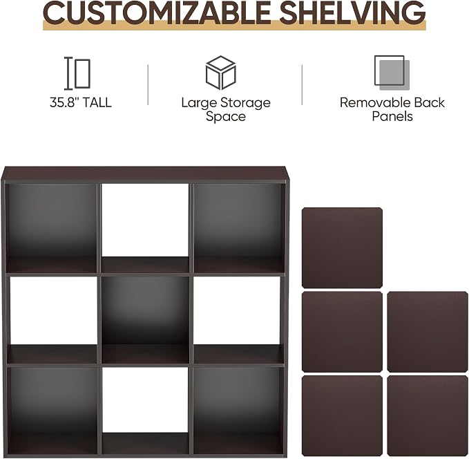 SUPER DEAL 9 Cube Storage Organizer, 3 Tier Bookshelf Open Shelf Display Rack with 5 Removable Back Panels Wood Bookshelf System for Home, Office, Bedroom, Living Room, Dark Brown