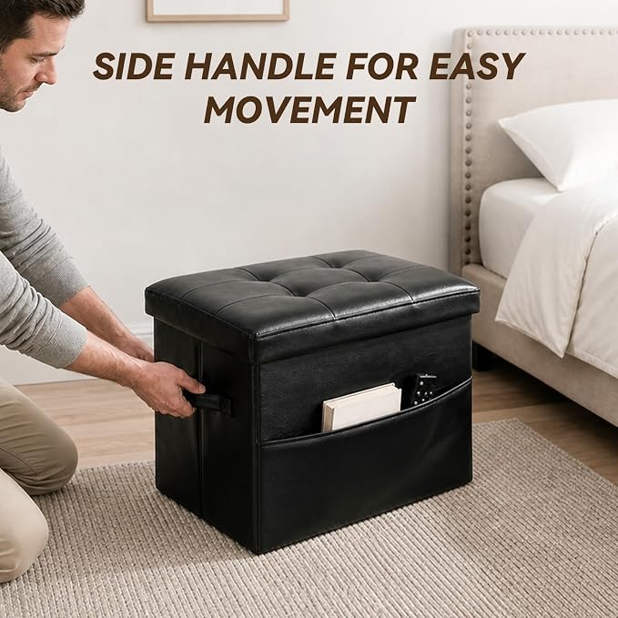 Storage Ottoman Foot Rest Bench with Side Pocket, Small Faux Leather Ottoman with Storage, Foot Stool with Storage for Living Room, Bedroom, Entryway, Dorm. 350LBS, 17x12.6x12.6in, Black.