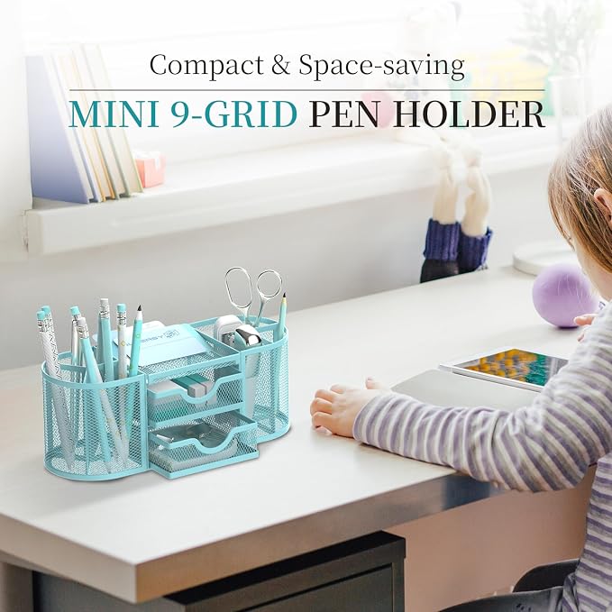 Mesh Desk Organizer, Desk Organizers and Accessories, Pen Holder with Drawers, Pencil Holder for Desk with 2 Drawer for Office Supplies, Blue