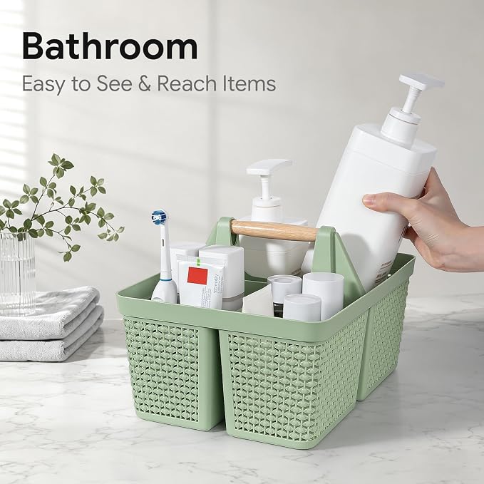UUJOLY Portable Plastic Shower Caddy Basket with Wooden Handle, Green | Divided Storage Organizer Tote for Bathroom, Dorm, College, Kitchen & RV – Lightweight, Easy-Carry Essentials Caddy