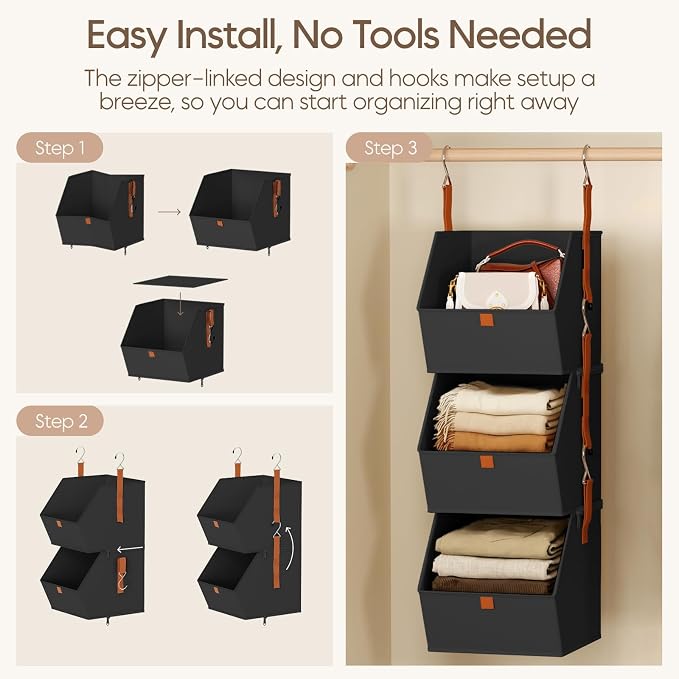Homsorout Collapsible Hanging Closet Organizer - 6 Tier Closet Shelves Storage System with Hooks, Fabric Hanging Storage Bins for Clothes, Foldable Storage Basket for Laundry, Bedroom, Rv, Black