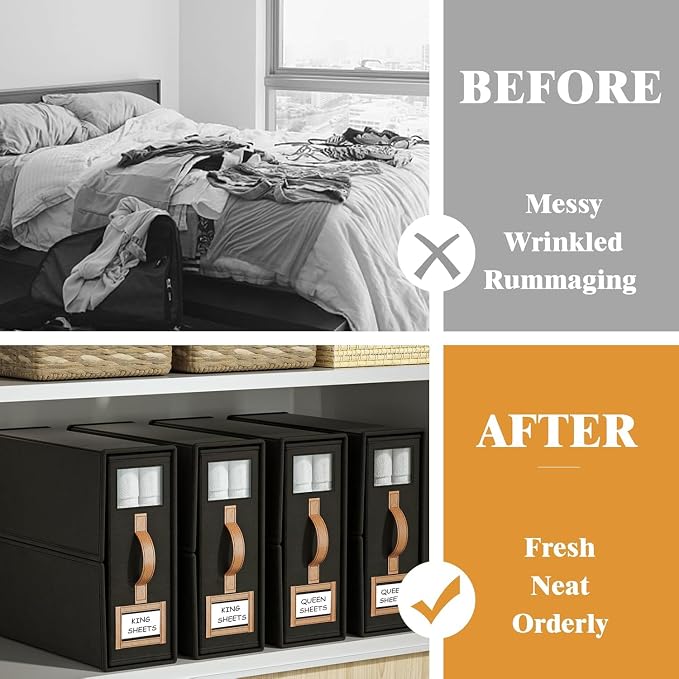 6 Pack Foldable Bed Sheets Set Organizers and Storage(King & Queen Size),Linen Fabric Closet Organizers with Window,Folding Bedding Storage Box for Bedsheets and Pillow Cube Organizer-Black