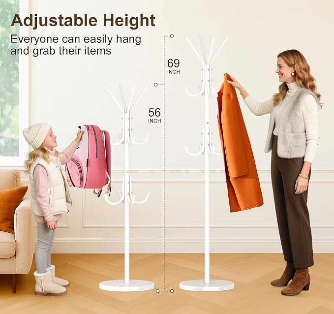MISSLO Heavy Duty Coat Rack Freestanding with Stable Wood Base Modern Coat Tree with 12 Hooks Adjustable Coats Hanger Stand Stylish Standing Clothes Tree for Entryway Bedroom Corner Hall (White)