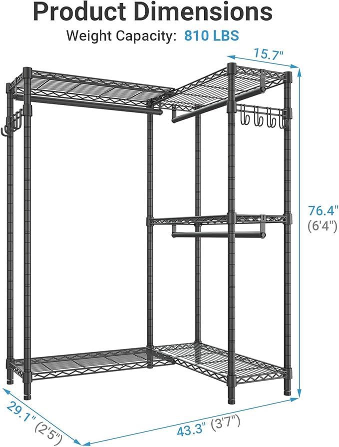 VIPEK L4 Clothing Rack for Hanging Clothes Heavy Duty Closet for Corner | L Shaped Closet System, Multiple Hanging Rods, Adjustable Wire Shelving/Side Hooks, Load 810lbs for Walk-in Closet, Black