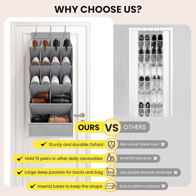 Mefirt Over the Door Shoe Rack for Closet Fit 18+ Pairs, Door Shoe Organizer with Large Breathable Pockets, Hanging Shoes Rack Fit Boots, Behind the Door Shoe Holder for Categorized Storage, Grey ﻿