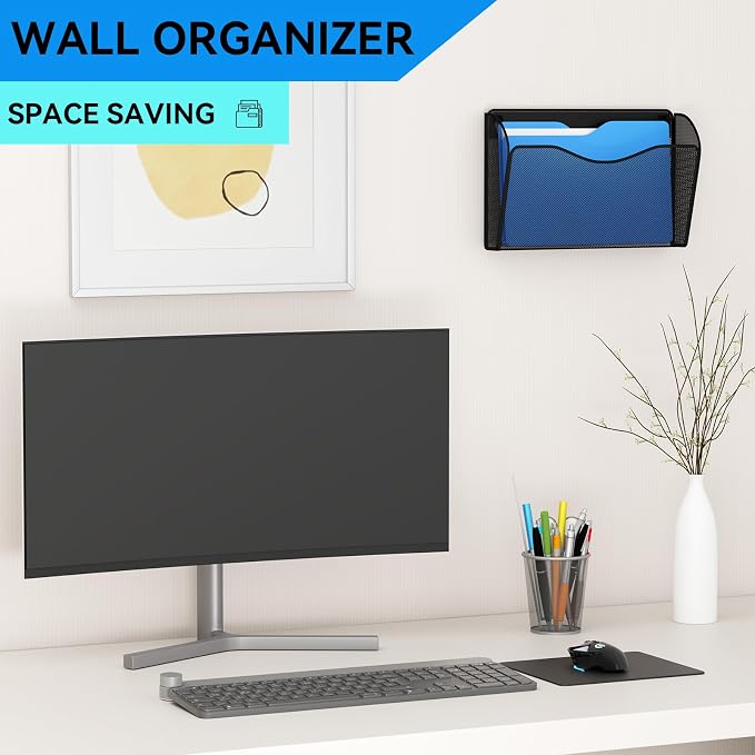 6 Single Pocket Wall File Holder, Mesh Hanging File Folder Paper Organizer, Vertical Wall Mounted Mail Basket, Storage Organization Magazine Rack for Office, Home and School, Black