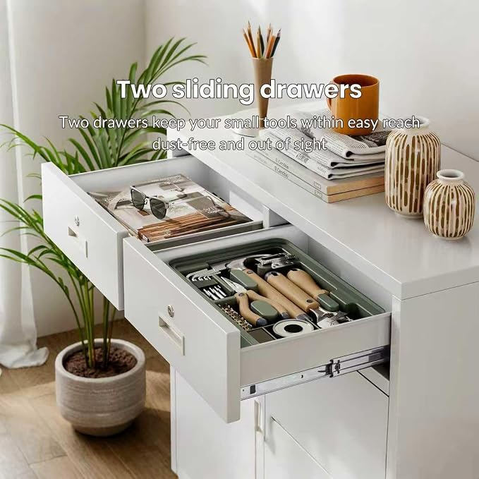 CJF Metal Storage Cabinet, Locking Storage Cabinet with Doors and 2 Drawers, Metal Cabinets for Office/Home/Garage 36" H x 32" W x 16" D (White)