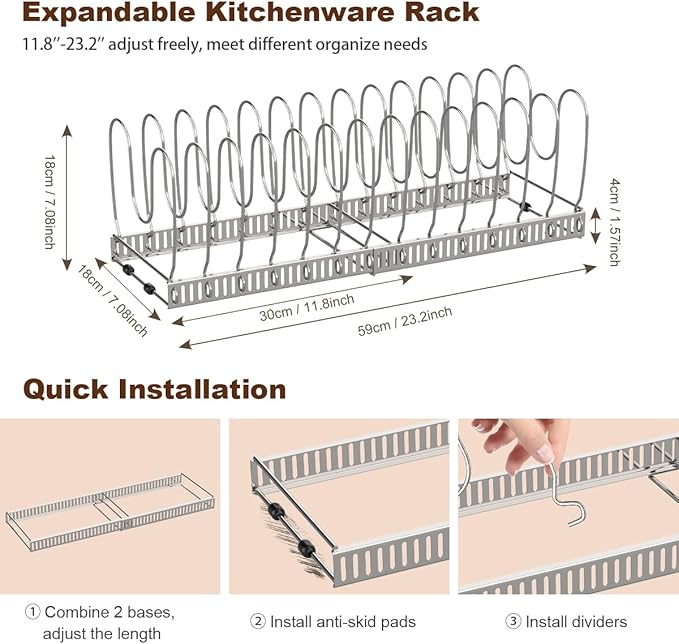 Housolution Pot and Pan Lid Organizer Holder Storage Rack, Silver | 12"-23" Expandable, 14 Adjustable Dividers, Sturdy Stainless Steel Construction, Easy Assembly