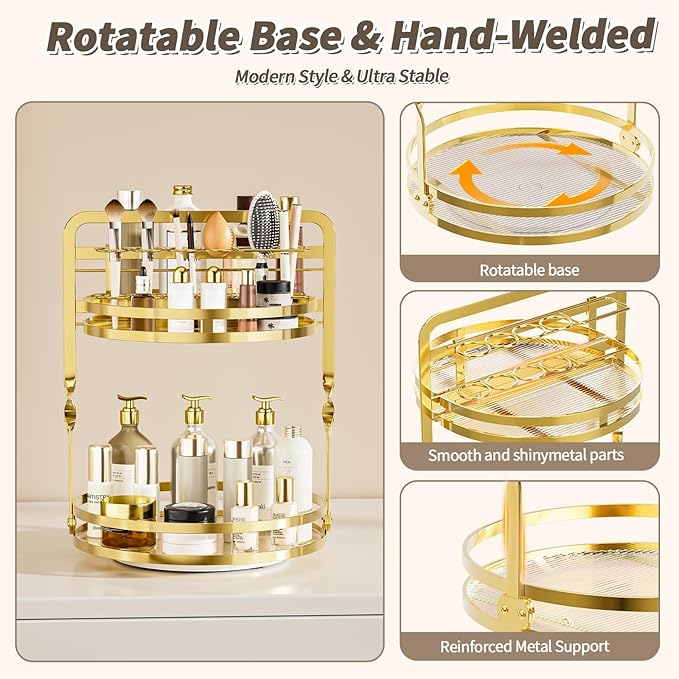 360 Rotating Makeup Organizer,Perfume Organizer, Bathroom Counter Organizer | 2-Tier Large Capacity Gold Vanity Organizer for Dresser,Perfume Shelf with Makeup Brush Holder Stores Skincare and Cosmetics