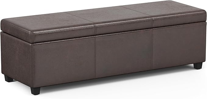 SIMPLIHOME Bretton 43" Wide Polyester Fabric Storage Ottoman in Umber Brown | Contemporary lift-top ottoman with high-density foam; rectangle storage bench or coffee table for living room or entryway.