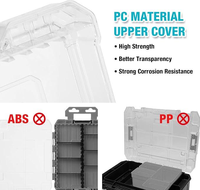 DuraTech 3-Piece Small Parts Tool Box Organizer with 14 Dividers | Stackable clear-lid boxes with 14 removable dividers; storage for screws, nuts, bolts, nails, drill bits and small hardware