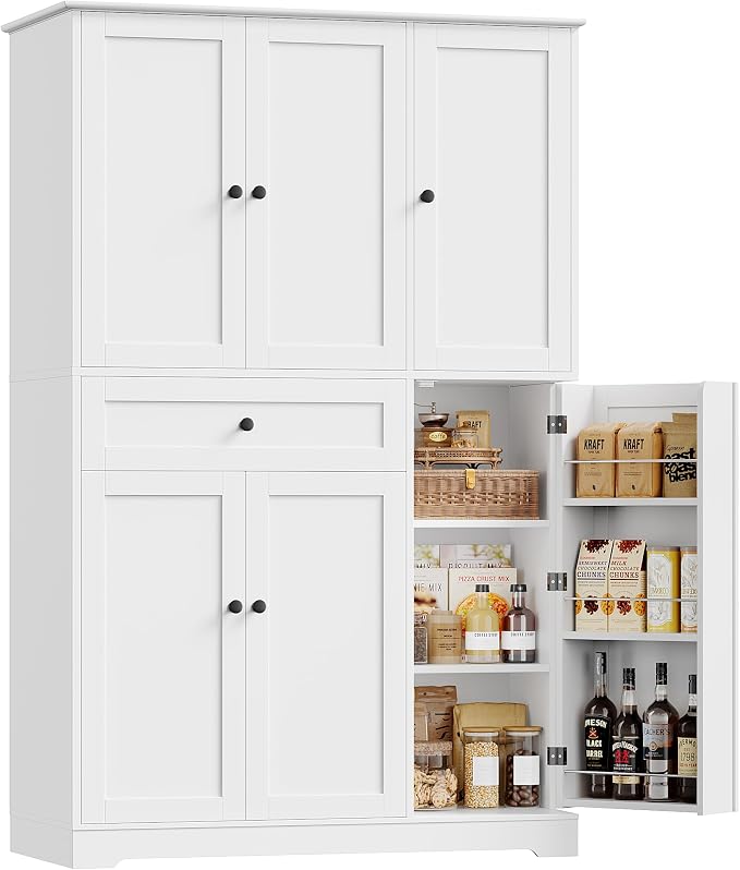 HOSTACK 68" Tall Kitchen Pantry Storage Cabinet with Doors & Shelves, White | Large Pantry Cabinet with Door Rack, Freestanding Kitchen Storage Cabinet with Drawer, Food Pantry for Dining Living room