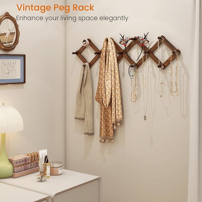 Vintage Wood Expandable Peg Rack- Multi-Purpose Accordion Wall Hangers with 13 Hooks for Hats, Coat, Mugs, Scarf, Jewelry Storage