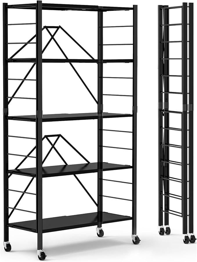 Himix 5-Tier Foldable Expandable Storage Shelves Wheels Kitchen 2-in-1 Rack