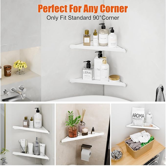 Fikoksol Shower Caddy Storage, Triangle Corner Shelf with Adhesive Glue | Metal Bathroom Shelf Storage, Adhesive or Screw Wall Mounted Corner Shower Rack, White Rustproof Bath Organizer Accessory