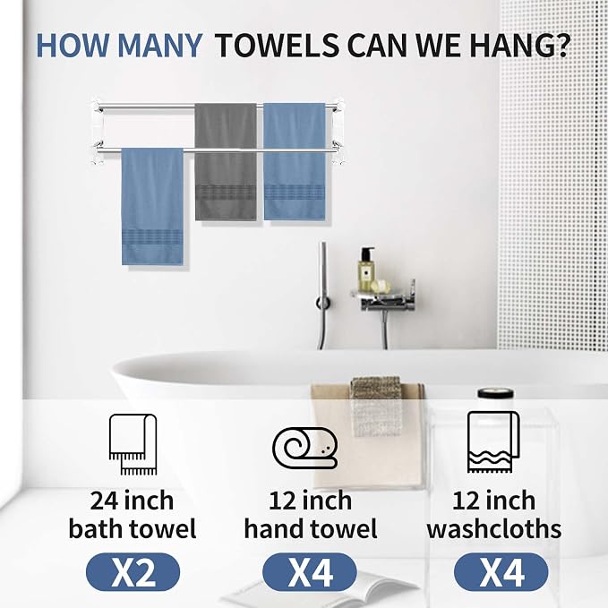 Stainless Steel Towel Bar, Adjustable Towel Racks for Bathroom | 28IN Adjustable Screw Mounting Towel Holder for Bathroom Wall, Tape Hook Bathroom Towel Rack,Towel Bar for Bathroom Wall
