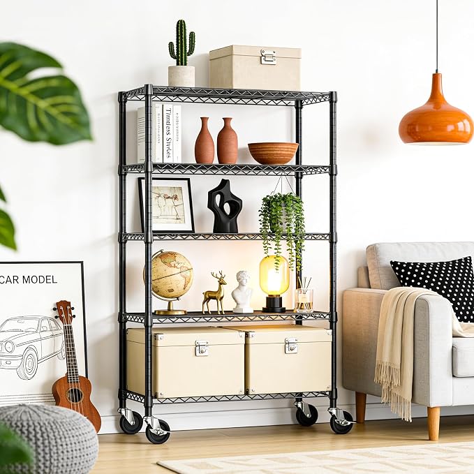 IZEUK 5-Tier Heavy Duty Metal Shelving Unit, Adjustable Steel Wire Storage Rack for Garage, Kitchen, Basement, Laundry Room & Office, Black, 17.7" D x 47.2" W x 72.3" H, 1750 lbs Capacity