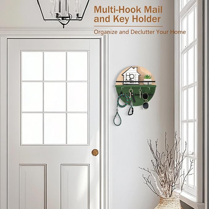 dreampossible Key Holder for Wall Decorative with Shelf and Hooks, Mail Organizer Wall Mount with Sunglasses Holder, Circular Design Entryway Key Rack Hanger, Rustic Home Decor