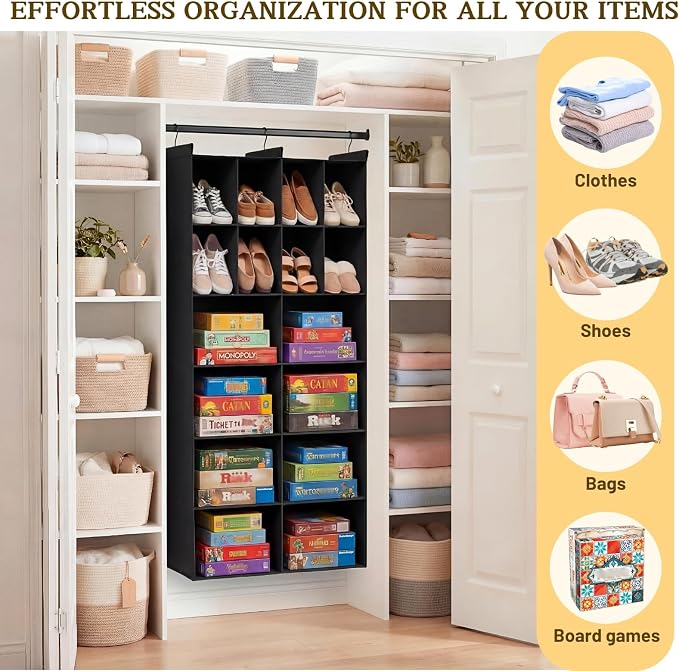 6 Tier Hanging Closet Organizer, 16 Compartments Dual Row Storage, Black | Closet Organizers and Storage with Large & Small Pockets, 3 Sturdy Hooks Support Heavy Loads, Ideal for Dorm, Garment Rack