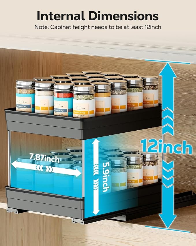 Nieifi 2 Tier Vertical Spice Rack Pull Out for Cabinet-8-1/4 inch Wide | ABS material,spice pull out organizer for cabinet,two installation methods,suitable for cabinets and countertops
