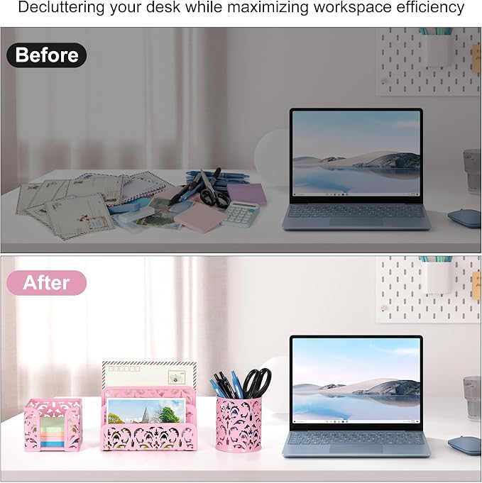 EasyPAG Desk Organizers and Accessories 3 Pieces Office Organizer Set - Pen Holder for Desk, Mail Sorter Countertop and Sticky Note Holder, Pink