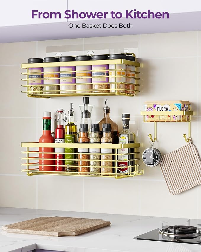 ODesign Shower Caddy Adhesive 3 Pack Stainless Steel Storage Shelves-Golden | No drilling wall mounted,rust-resistant,large capacity,quick drainage,easy to clean,suitable for bathrooms and kitchens