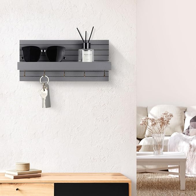 Lwenki Decorative Key Holder for Wall with Shelf, Entryway Shelf with Hooks Holds Leashes, Jackets and Glasses – Sturdy Wood Keyholder Entrance Hanger with Mounting Hardware (Gray, Medium)