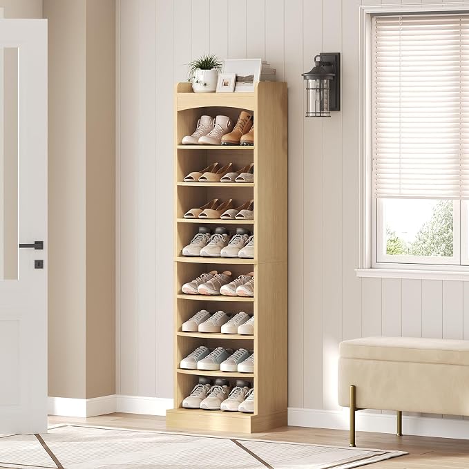 9-Tier Tall Shoe Rack, Wooden Shoe Storage Organizer, Narrow Shoe Cabinet with Removable Shelves for Small Spaces, Holds 18 Pairs of Shoes, for Entrance, Hallway, Natural SS22NL