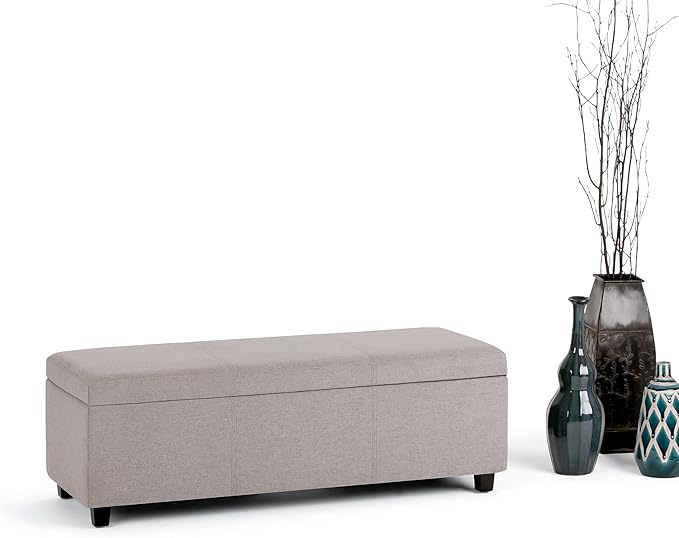 SIMPLIHOME Avalon Storage Ottoman Bench - 48" Wide x 16" High Upholstered Linen Look Fabric Rectangular Lift-Top Ottoman in Cloud Grey, Contemporary Bench for Living Room with High-Density Foam