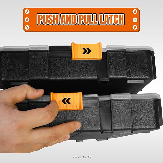 Jack Boss Tool Box with Transparent Lid, Single Side 17-Compartments Organizer Box with Removable Dividers for Hardware, Screws, Bolts, Nails, Beads, Jewelry and Fishing Accessories, Orange, 2 Pack