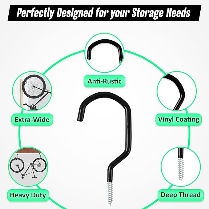 6 Pack Heavy Duty Garage Bike Storage and Utility Hooks-5.7 Inches | Vinyl coated, Anti slip, Stainless steel, Anti rust, Garage Wall, Ceiling Hooks for Hanging Bicycle, Hose, Cord, Garden Tools