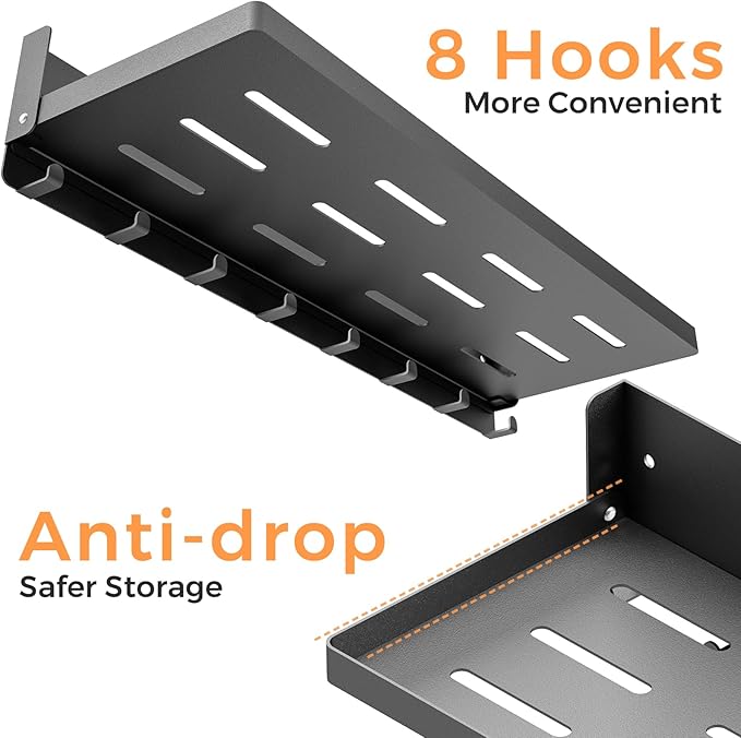 Folding Shelf with Hooks Wall Mount, Laundry Room Metal Shelves, Fold Up 90° and 8 Hooks, Foldable Storage Wall Shelf for Rv, Utility Room, Garage, Space Saving, Black（17.0", 2 Pack）